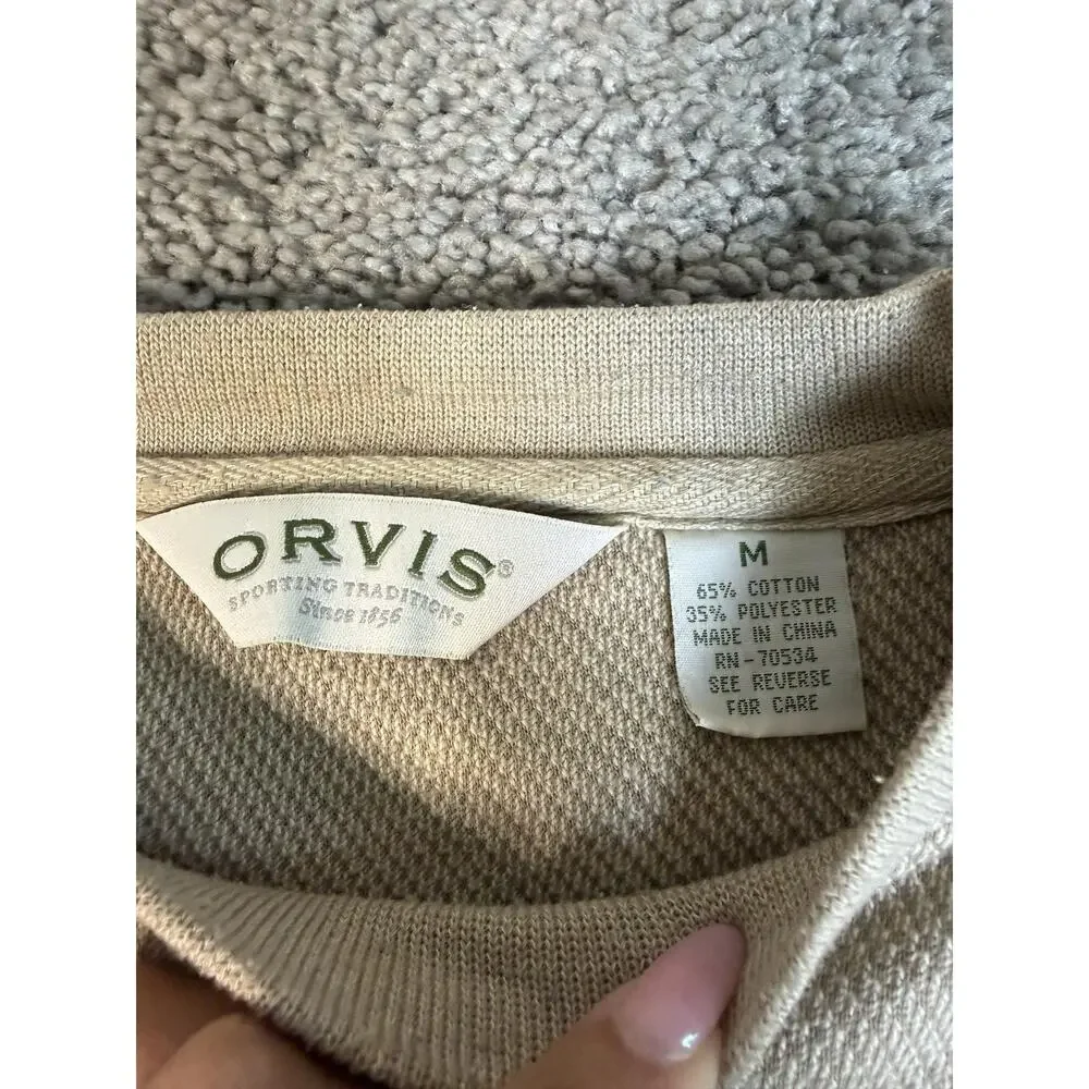 Orvis Sweater Mens M Beige Crew Neck Elbow Patches Crewneck Pullover Logo